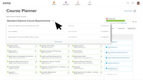 A grade 10 student course planner. The Diploma dropdown menu called "High school graduation diploma" is open showing the other diploma and specialization options